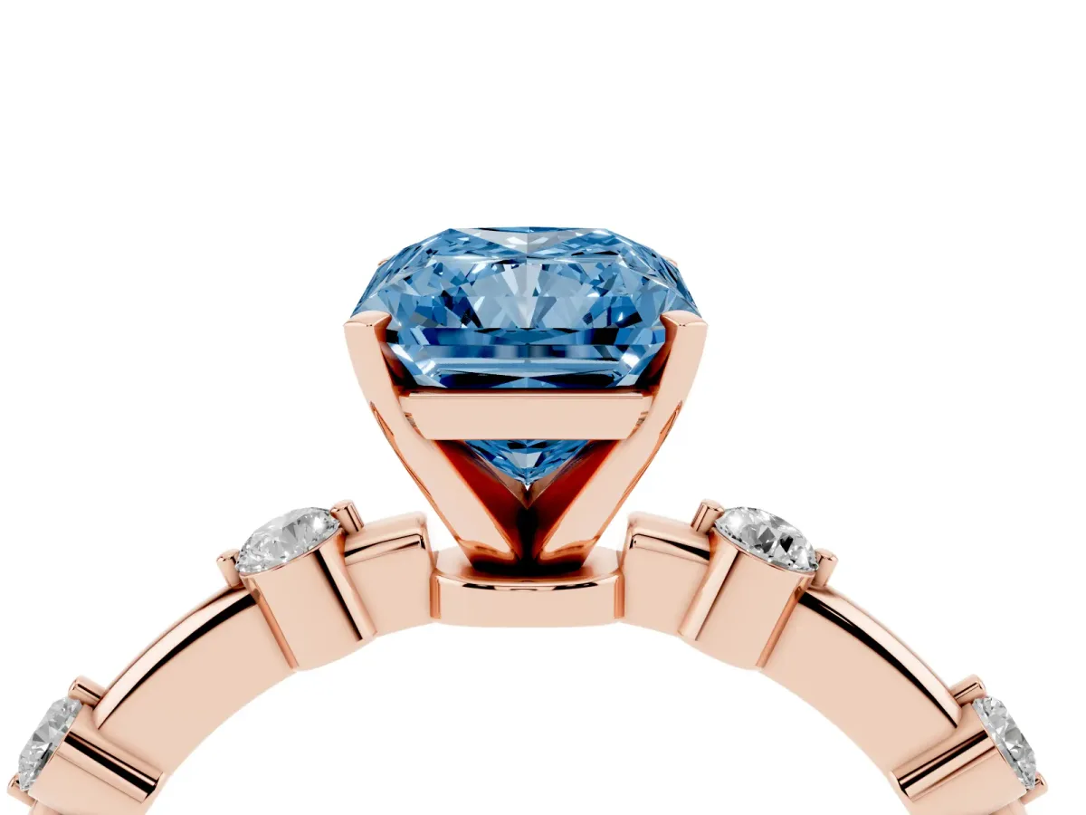 Fancy Blue Radiant Cut Solitaire Diamond Ring with Bezel Set Side Stones and Prong Setting Rose gold