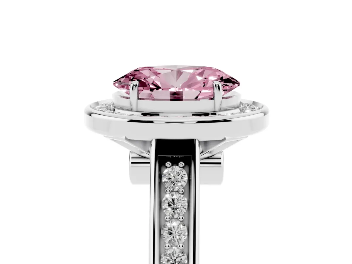 Fancy Pink Oval Cut Halo Solitaire Diamond Ring with Pave Band and Bezel Setting Silver