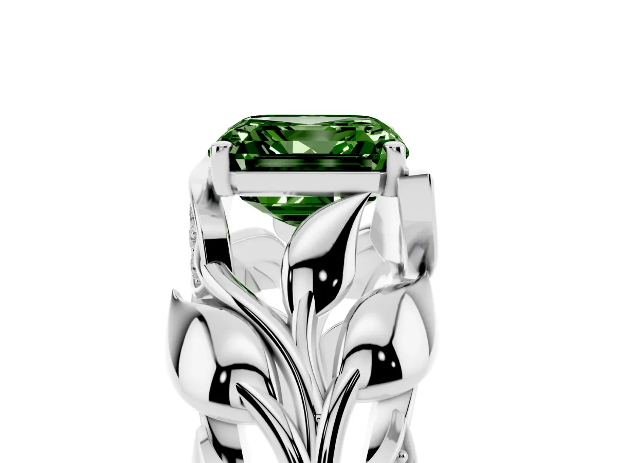Fancy Green Asscher Cut Diamond Leaf-Inspired Engagement Ring with Round Accents and Prong Setting Silver