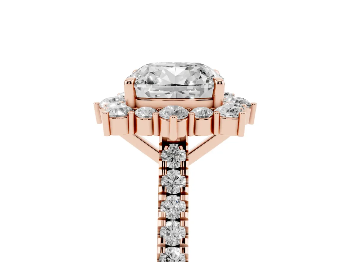 Cushion Cut Halo Diamond Ring with Pavé Band and Prong Setting Rose gold