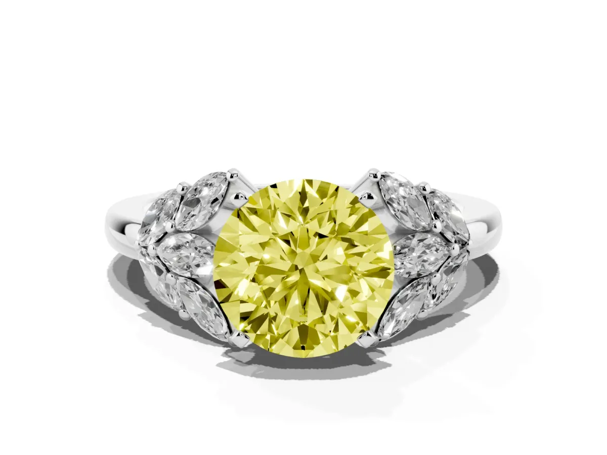 Fancy Yellow Round Cut Diamond Cluster Leaf Design Ring with Prong Setting Silver