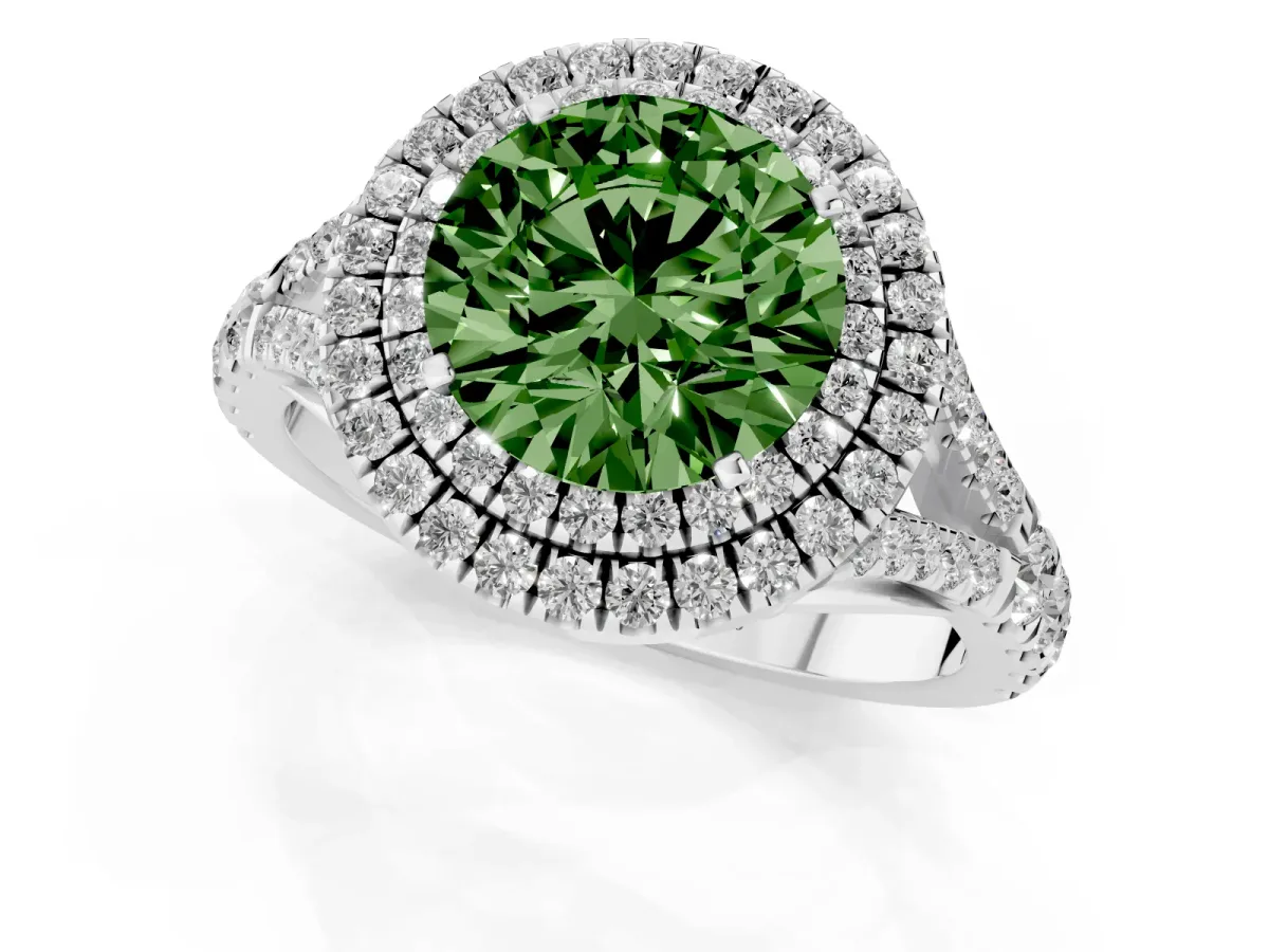 Fancy Green Round Cut Diamond Pavé Split Shank Double Halo Engagement Ring Platinum