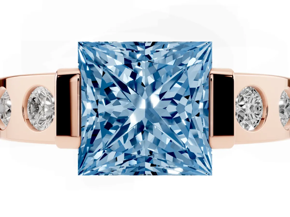 Fancy Blue Princess Cut Brilliant Channel-Set Diamond Ring with Bezel Prong Setting Rose gold