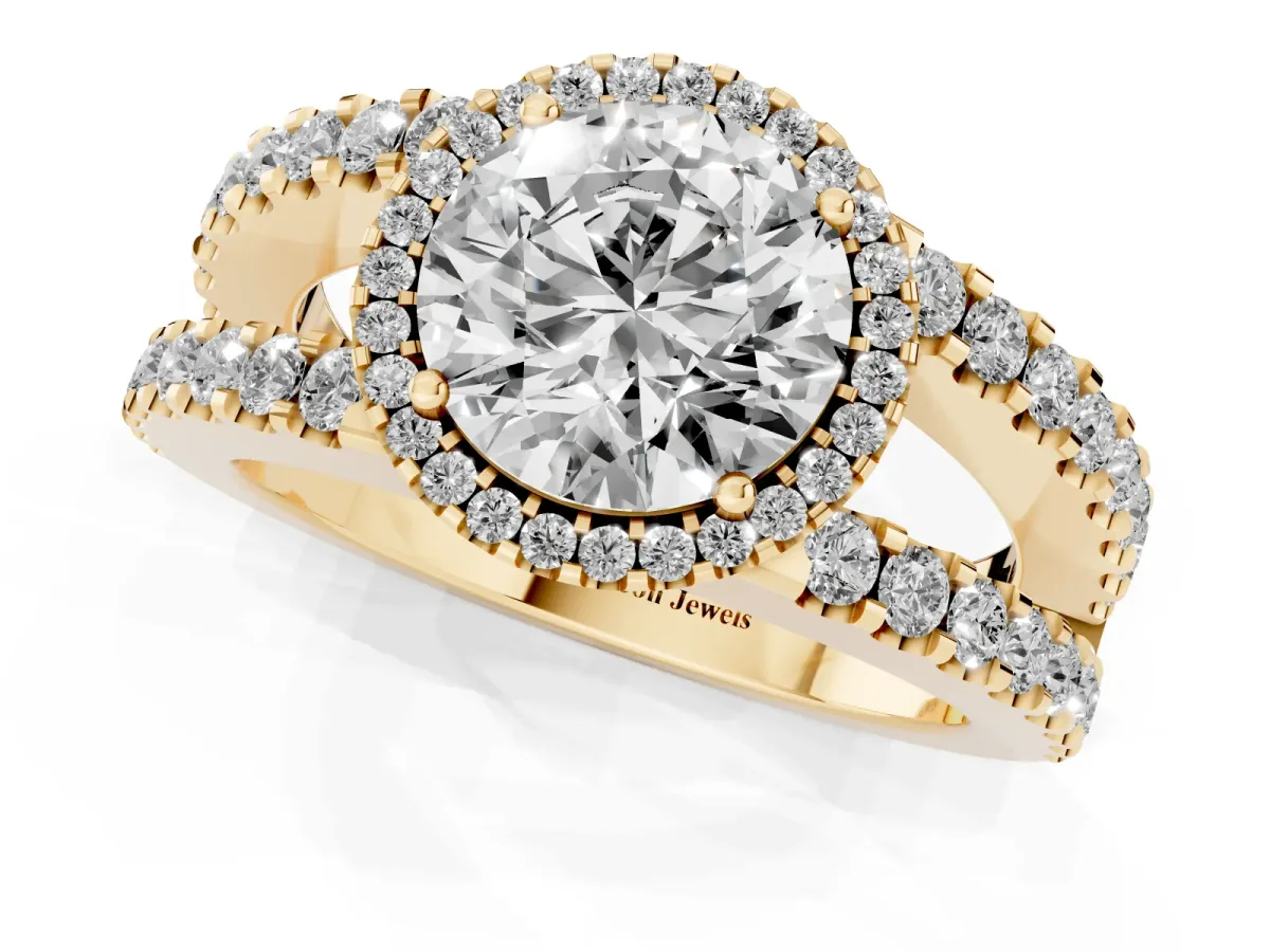 Round Cut Cut Halo Split Shank Diamond Ring with Four-Prong Setting Yellow gold