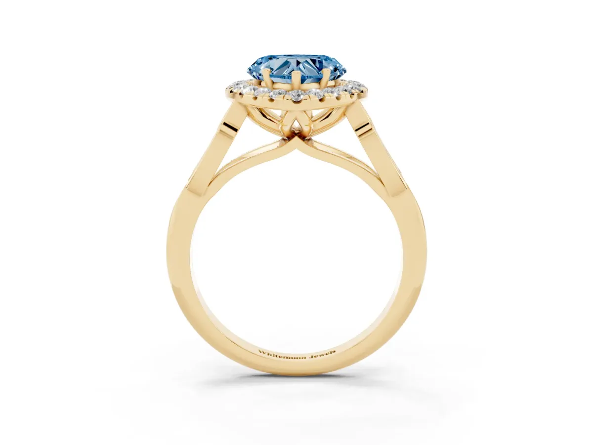 Fancy Blue Heart Cut Halo Diamond Engagement Ring with Filigree Band and Four-Prong Setting Yellow gold