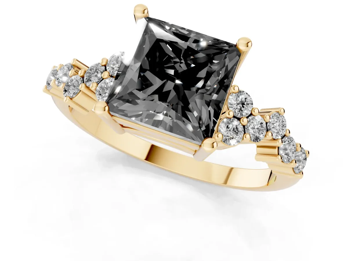 Fancy Black Princess Cut Diamond Scattered Round Accent Ring with Prong Setting Yellow gold