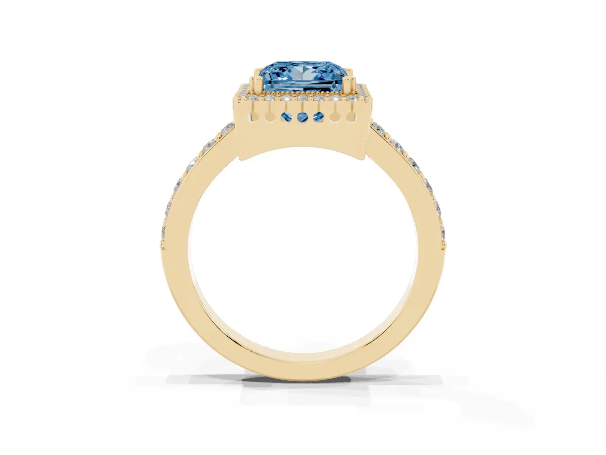 Fancy Blue Princess Cut Cut Diamond Halo Engagement Ring with Milgrain Detail and Pavé Band Yellow gold