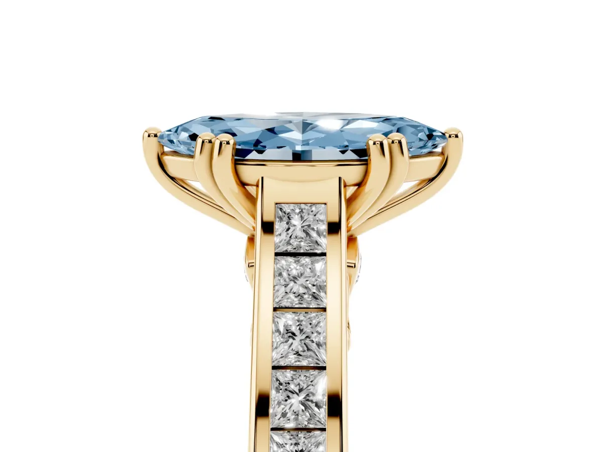 Fancy Blue Marquise Cut Cut Channel Set Solitaire Engagement Ring with Prong Setting Yellow gold