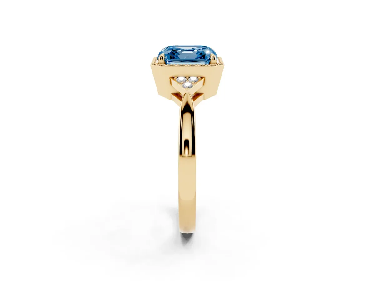 Fancy Blue Hexagonal Halo Asscher Cut Diamond Solitaire with Pavé Band and Four-Prong Setting Yellow gold