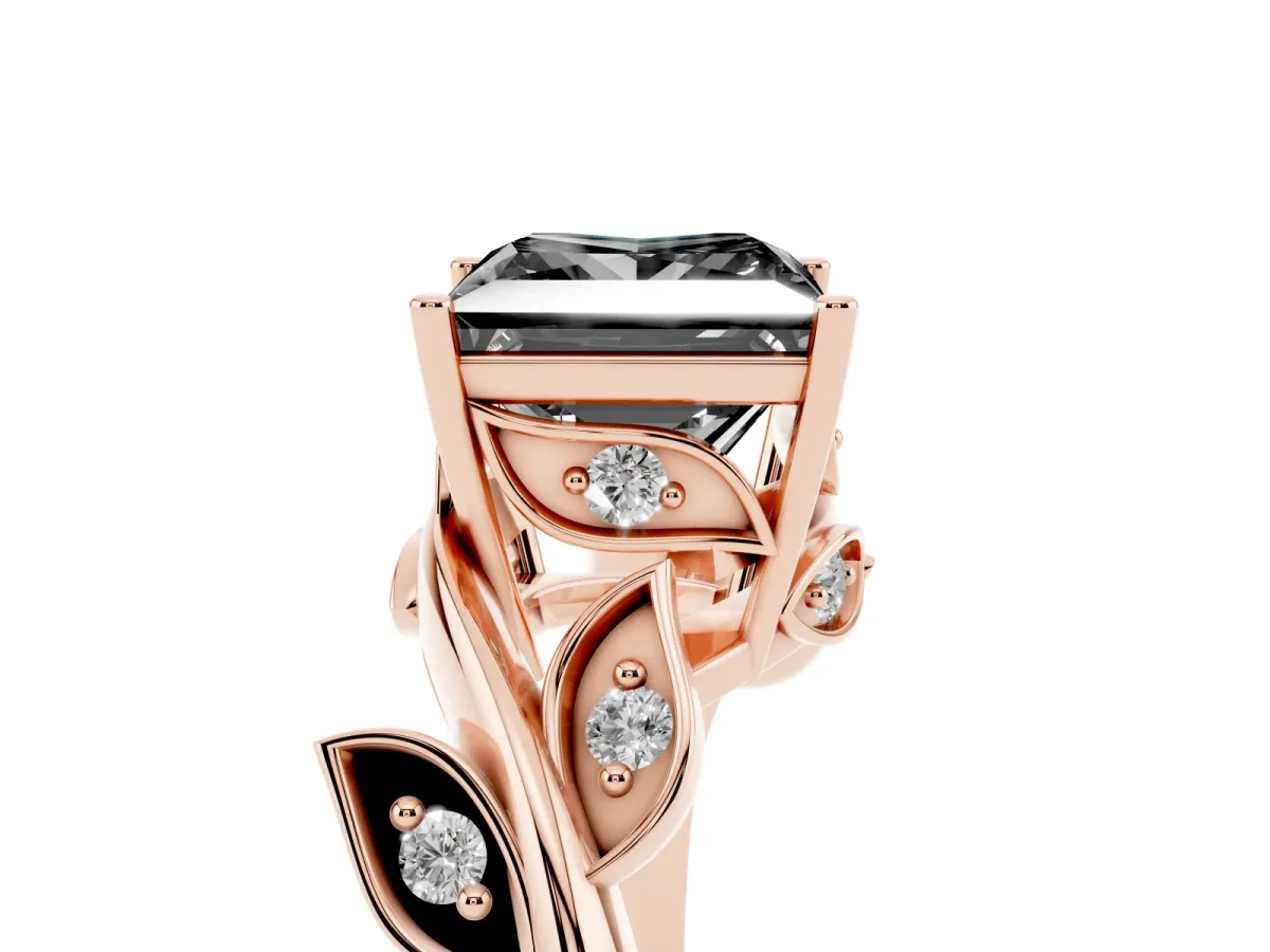 Fancy Black Princess Cut Solitaire Twist Engagement Ring with Leaf Accents and Prong Setting Rose gold