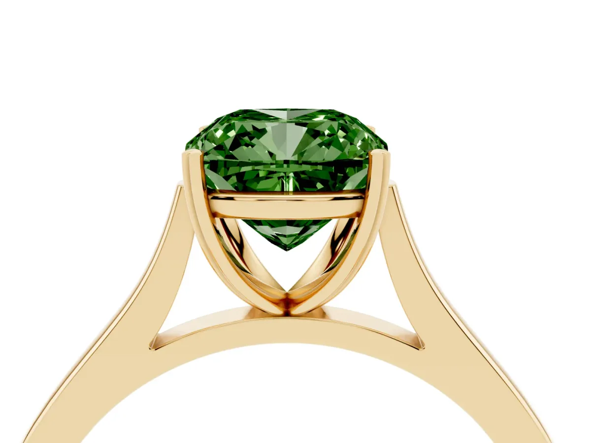 Fancy Green Cushion Cut Solitaire Heart Prong Engagement Ring with Tapered Band Yellow gold