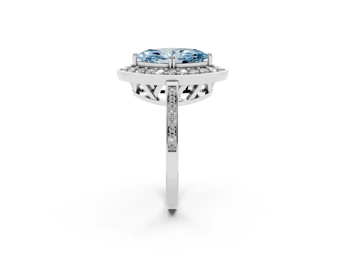 Fancy Blue Marquise Cut Diamond Halo Ring with Split Shank and Four-Prong Setting Platinum
