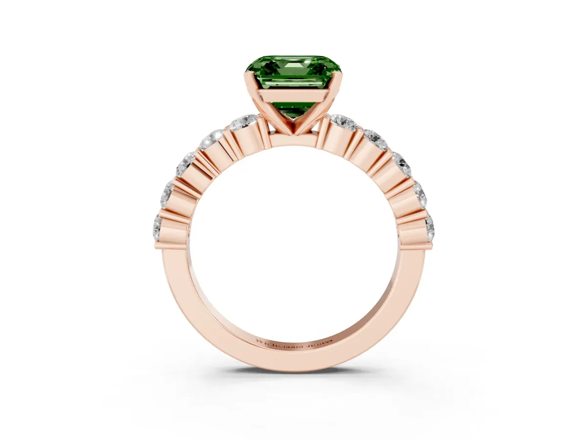 Fancy Green Asscher Cut Diamond Solitaire Ring with Shared Prong Round Side Stones Rose gold