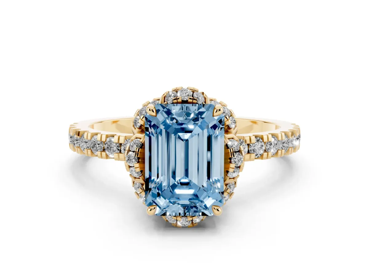 Fancy Blue Emerald Cut Halo Diamond Pave Band Ring with Four-Prong Setting Yellow gold