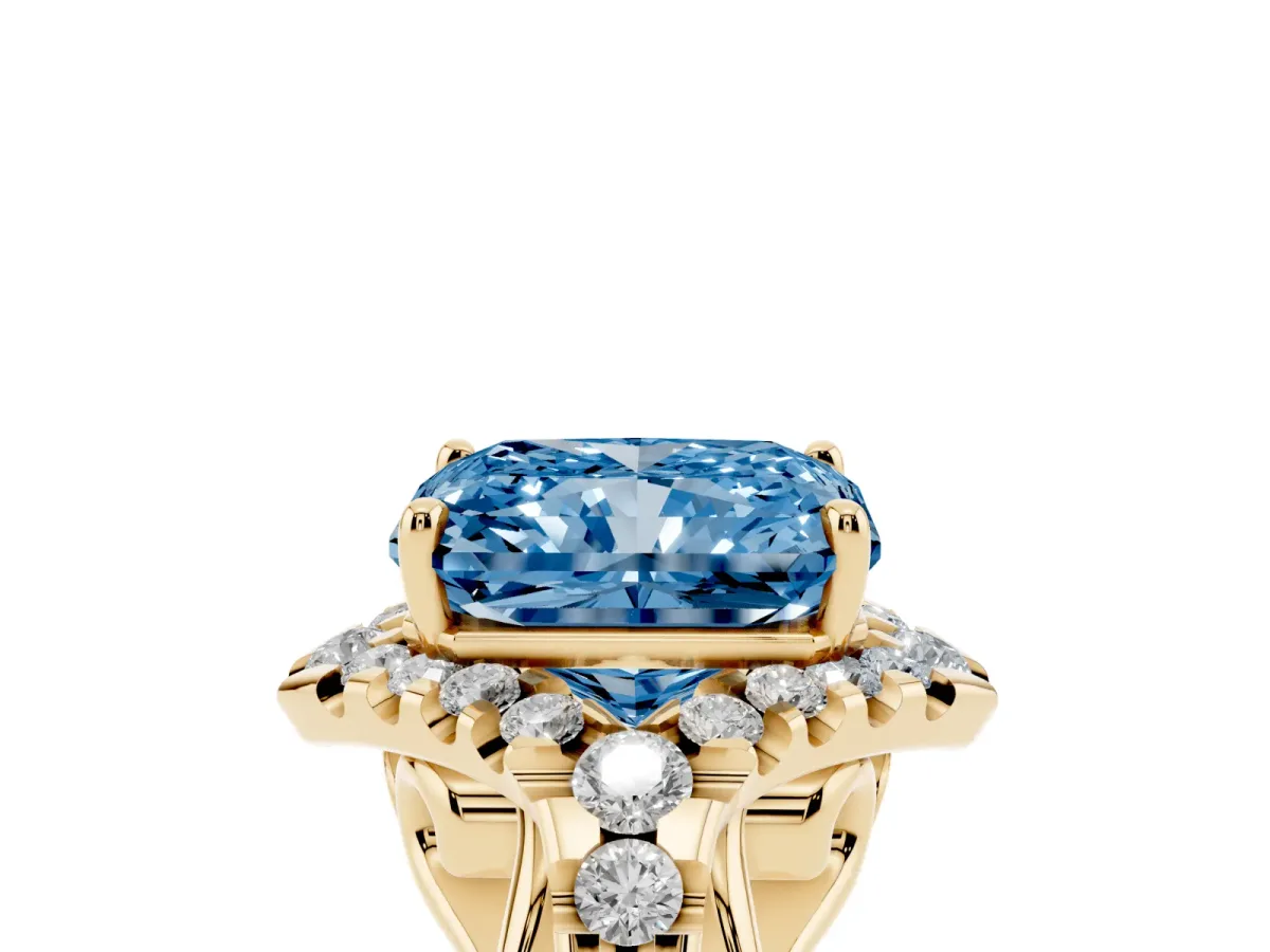Fancy Blue Radiant Cut Diamond Solitaire Ring with Hidden Halo and Pavé Band Yellow gold