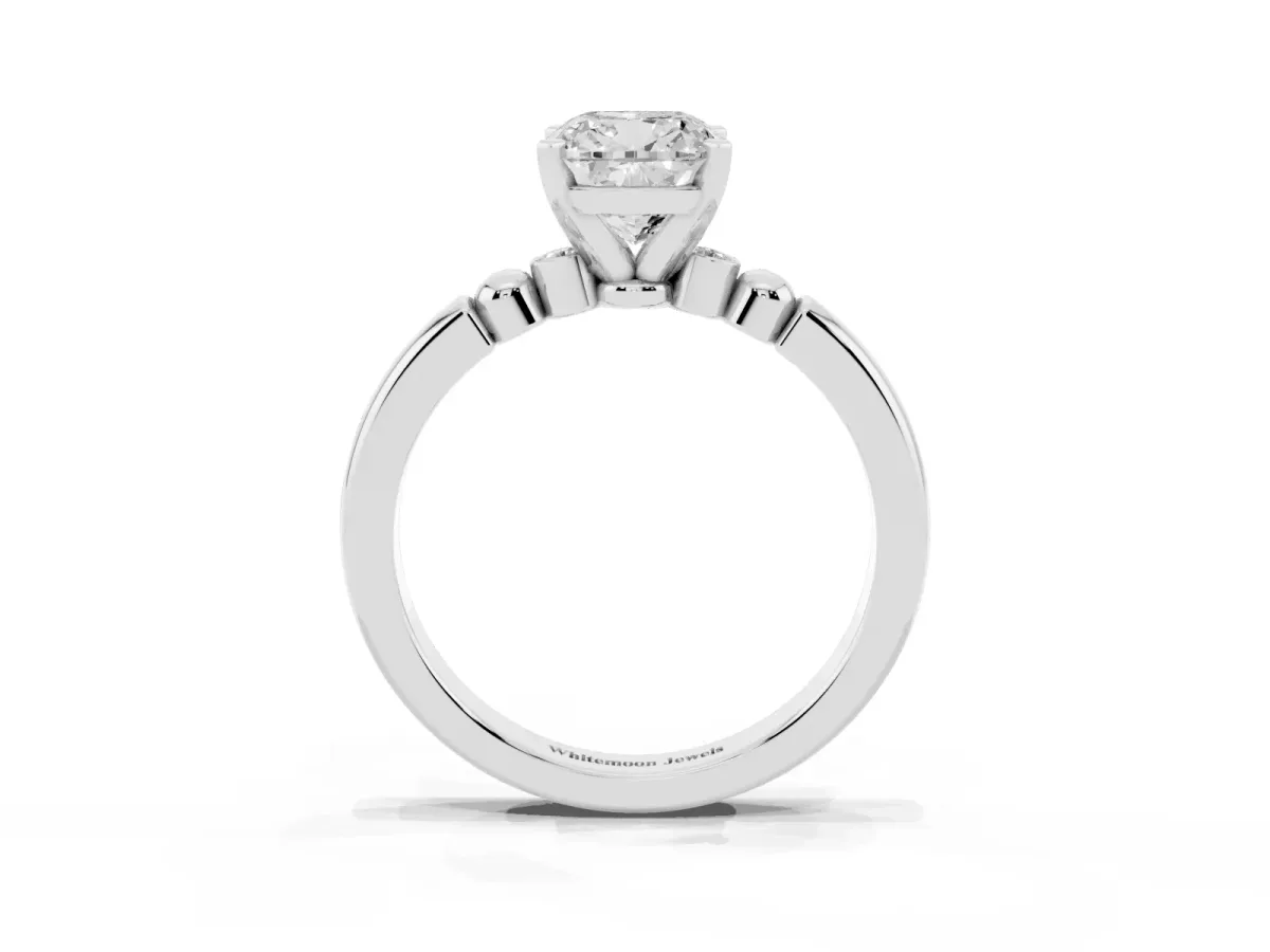 Cushion Cut Solitaire Beaded Band with Four-Prong Setting Silver