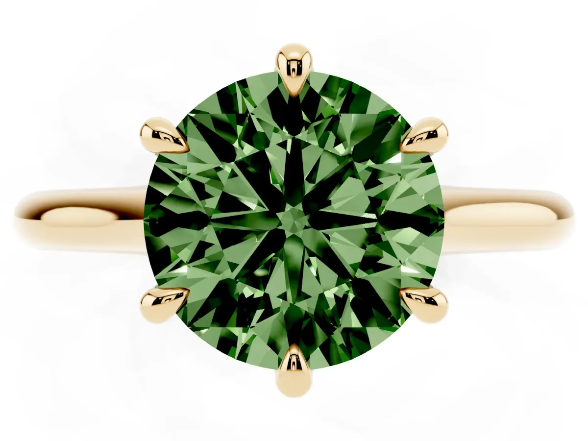 Fancy Green Round Cut Solitaire Engagement Ring with Six-Prong Setting and Classic Band Yellow gold
