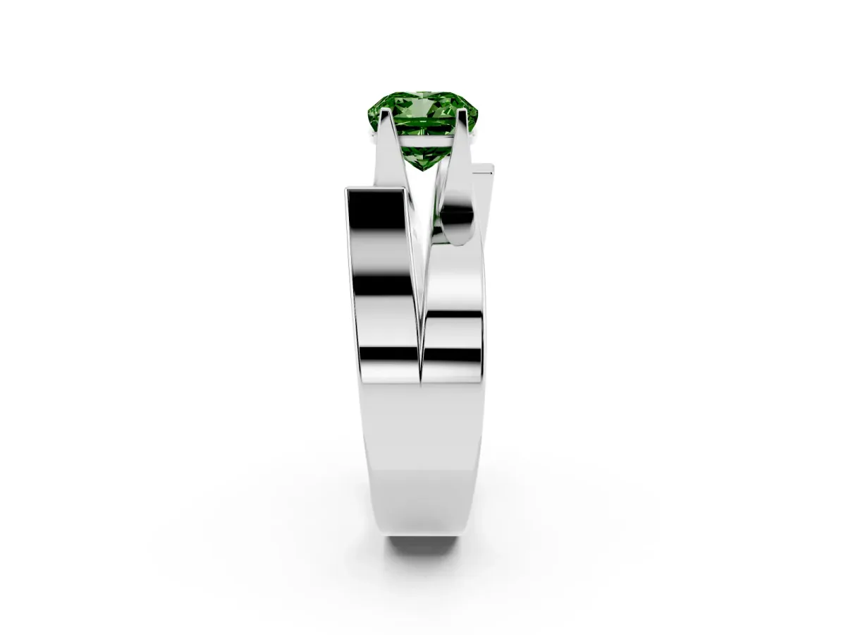 Fancy Green Modern Tension Set Cushion Cut Diamond Solitaire Wide Band Ring Silver