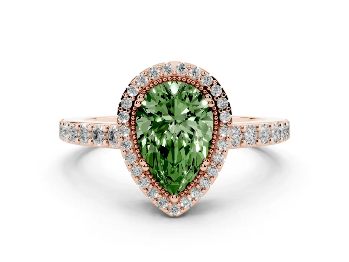 Fancy Green Pear Cut Cut Diamond Halo Engagement Ring with Milgrain Detail and Pavé Band Rose gold