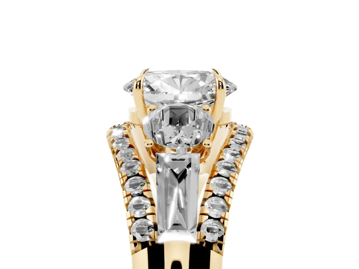 Three-Stone Oval Cut Diamond Engagement Ring with Pave Band and Prong Setting Yellow gold