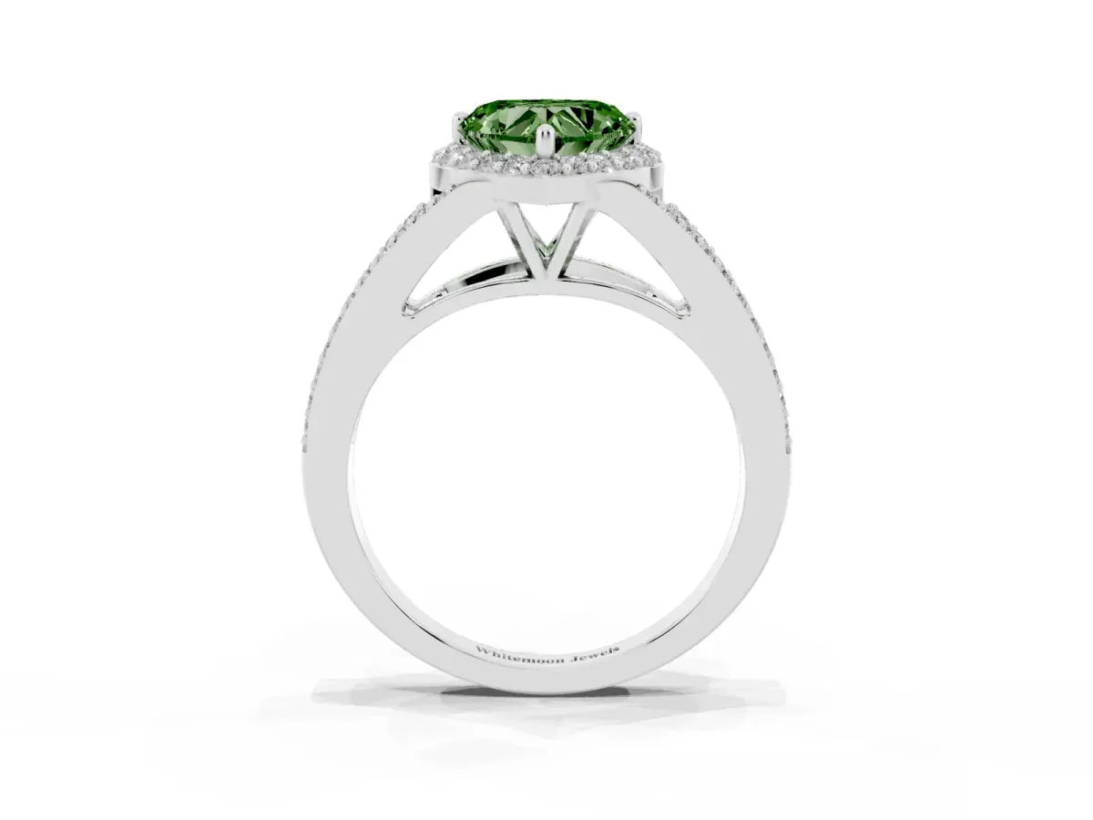 Fancy Green Heart Cut Halo Split Shank Diamond Ring with Prong Setting White gold