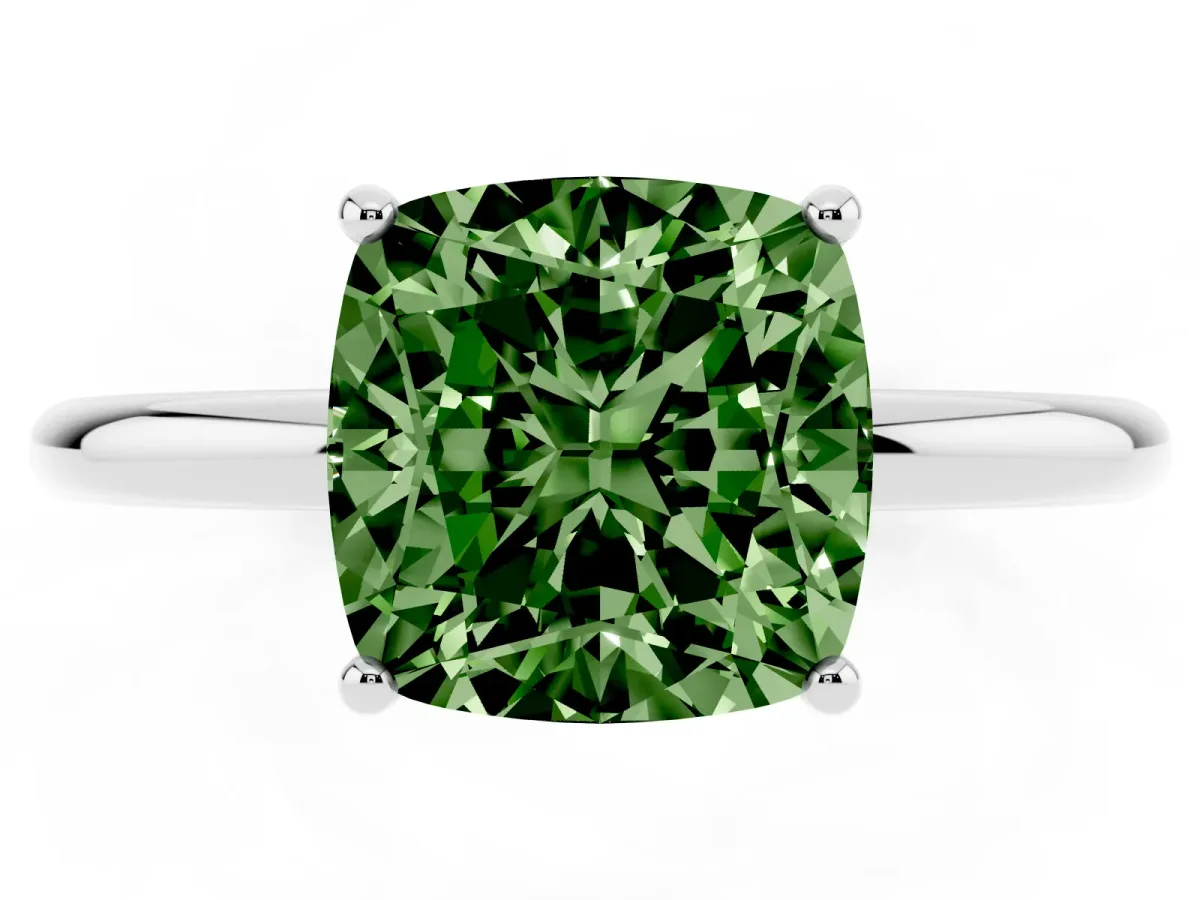 Fancy Green Cushion Cut Solitaire Diamond Ring with a Classic Band and Four-Prong Setting Silver