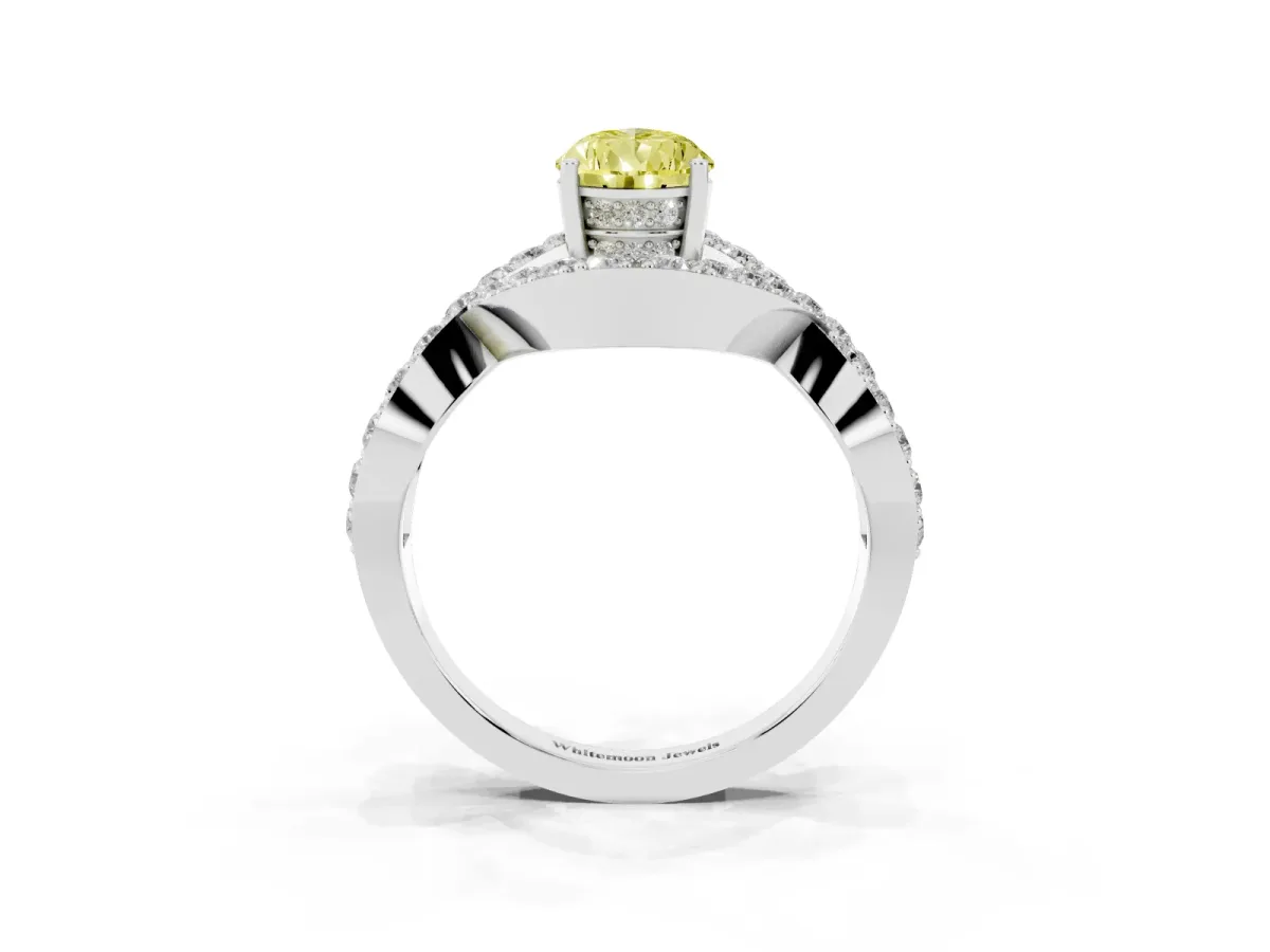 Fancy Yellow Pear Cut Solitaire Twist Band Pavé Diamond Engagement Ring Silver