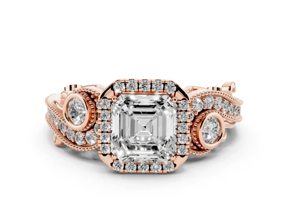 Asscher Cut Diamond Halo Ring with Milgrain Pavé Band and Four-Prong Setting Rose gold