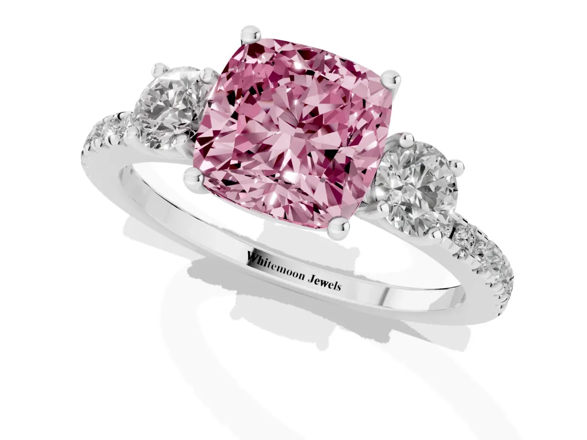 Fancy Pink Three-Stone Cushion Cut Cut Diamond Pavé Band with Prong Setting Platinum