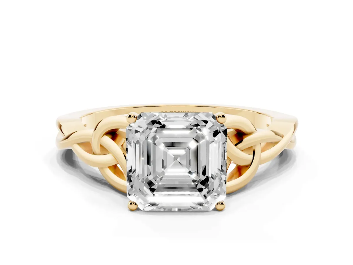 Asscher Cut Diamond Solitaire Engagement Ring with Celtic Knot Band and Four-Prong Setting Yellow gold