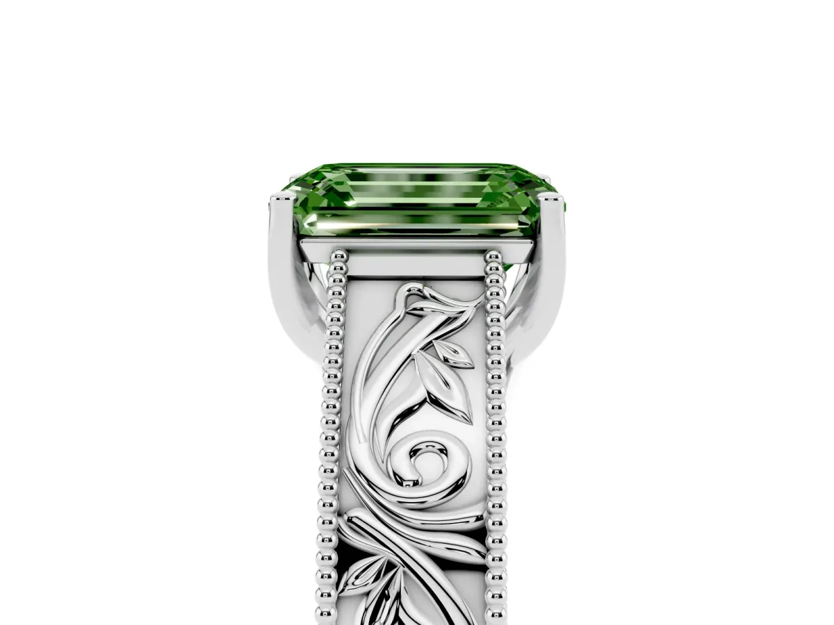 Fancy Green Emerald Cut Diamond Solitaire Ring with Engraved Band and Four-Prong Setting White gold