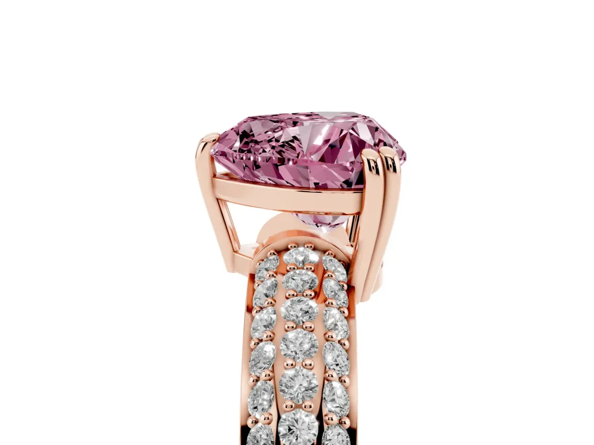 Fancy Pink Heart Cut Diamond Solitaire Ring with Multi-Row Round Pavé Band and Prong Setting Rose gold