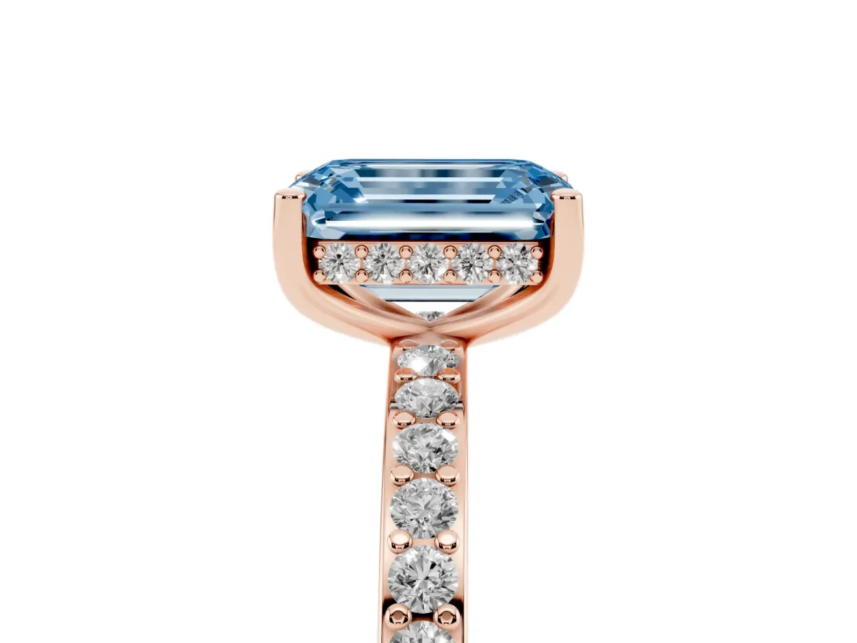 Fancy Blue Emerald Cut Cut Diamond Pavé Band Ring with Four-Prong Setting Rose gold