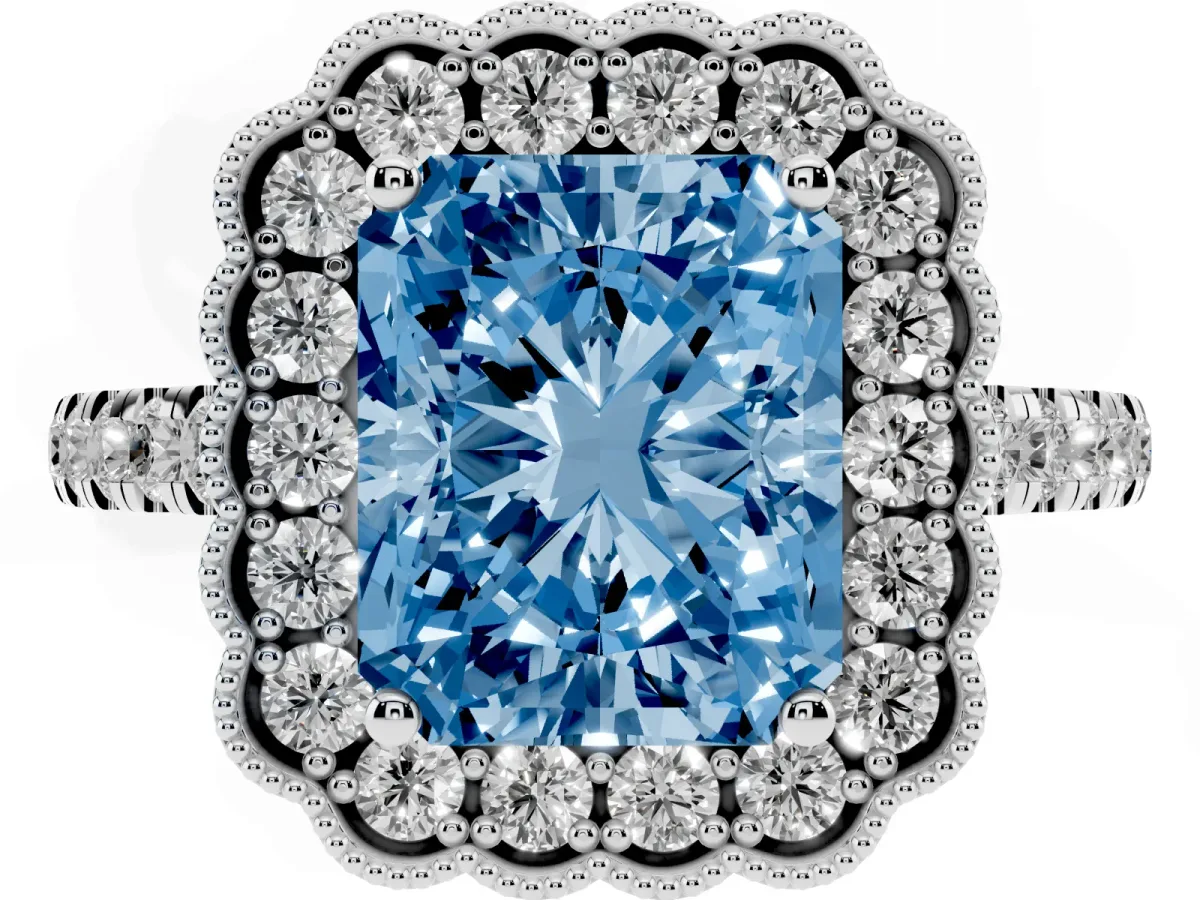 Fancy Blue Radiant Cut Cut Diamond Milgrain Floral Halo Engagement Ring with Pavé Band Silver