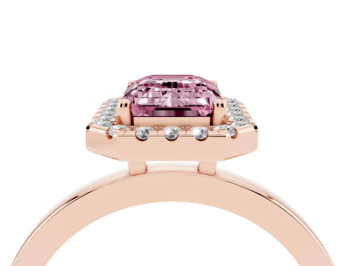 Fancy Pink Emerald Cut Halo Diamond Solitaire with Pavé Band and Four-Prong Setting Rose gold