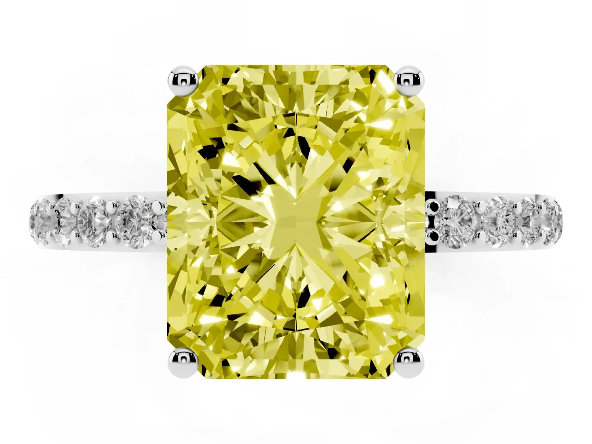 Fancy Yellow Radiant Cut Diamond Solitaire Ring with Round Pavé Shoulders and Prong Setting Silver