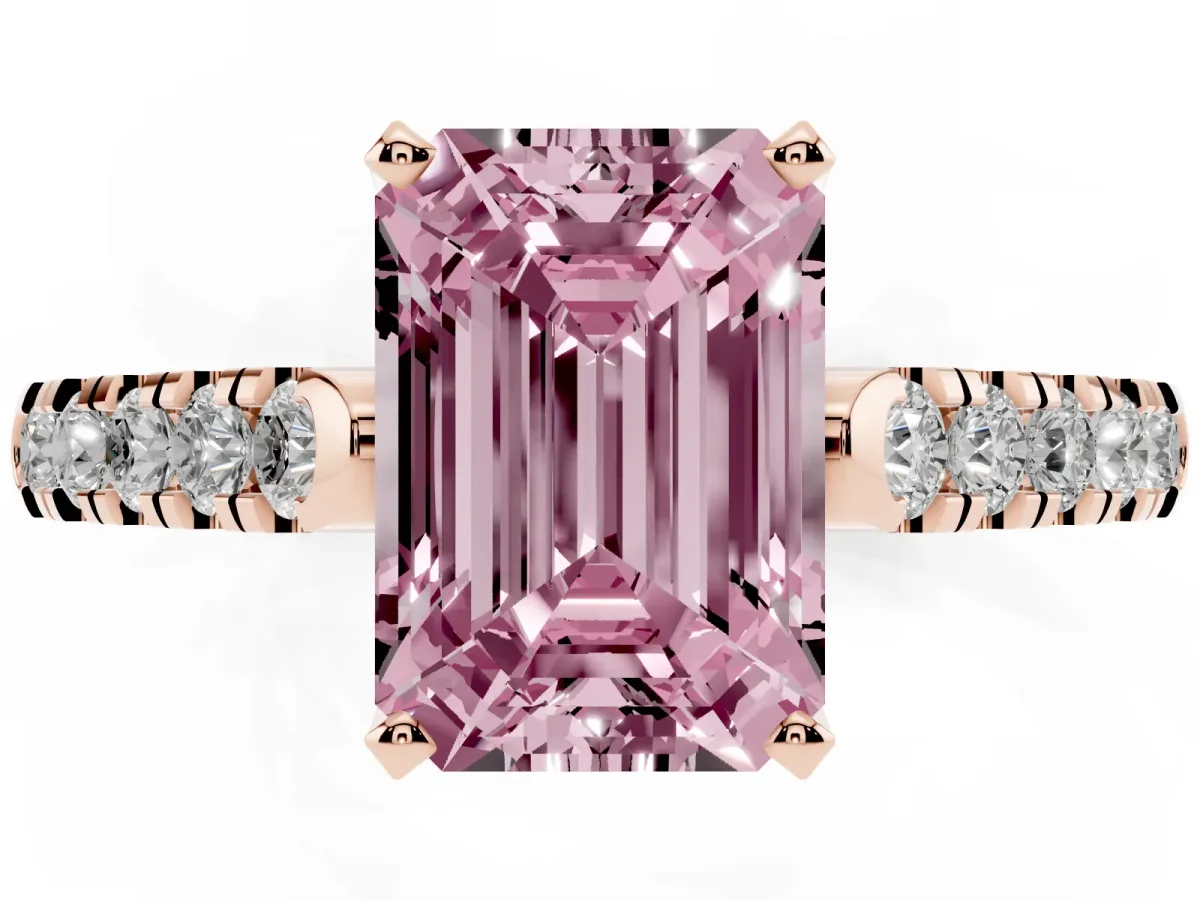 Fancy Pink Emerald Cut Diamond Pavé Band Solitaire Ring with Prong Setting Rose gold