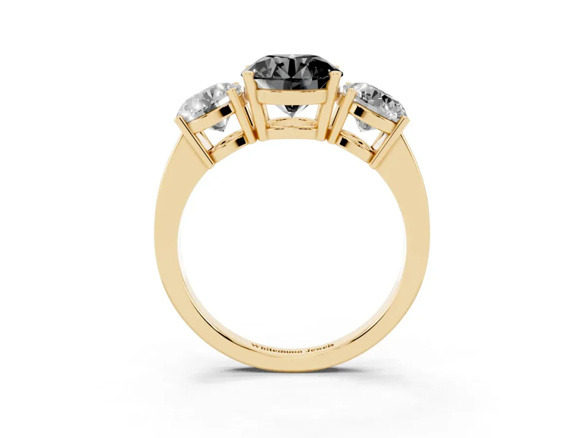 Fancy Black Three-Stone Round Cut Cut Diamond Engagement Ring with Flat Band and Four-Prong Setting Yellow gold