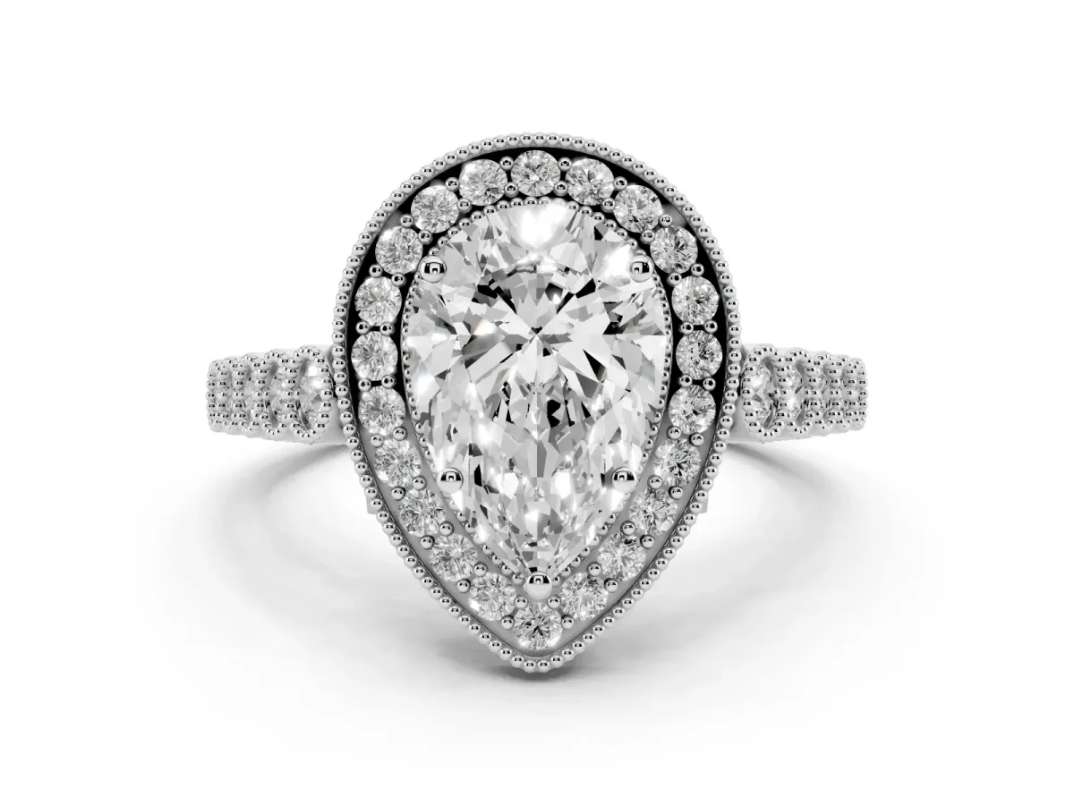 Pear Cut Halo Twist Band Solitaire Ring with Six-Prong Setting Silver
