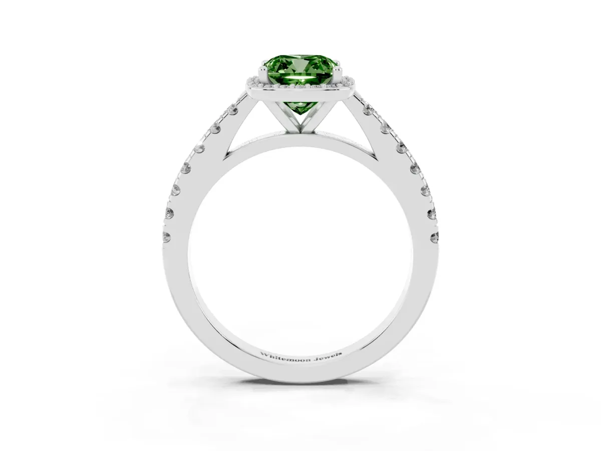 Fancy Green Cushion Cut Cut Halo Diamond Engagement Ring with Pave Band and Four-Prong Setting White gold
