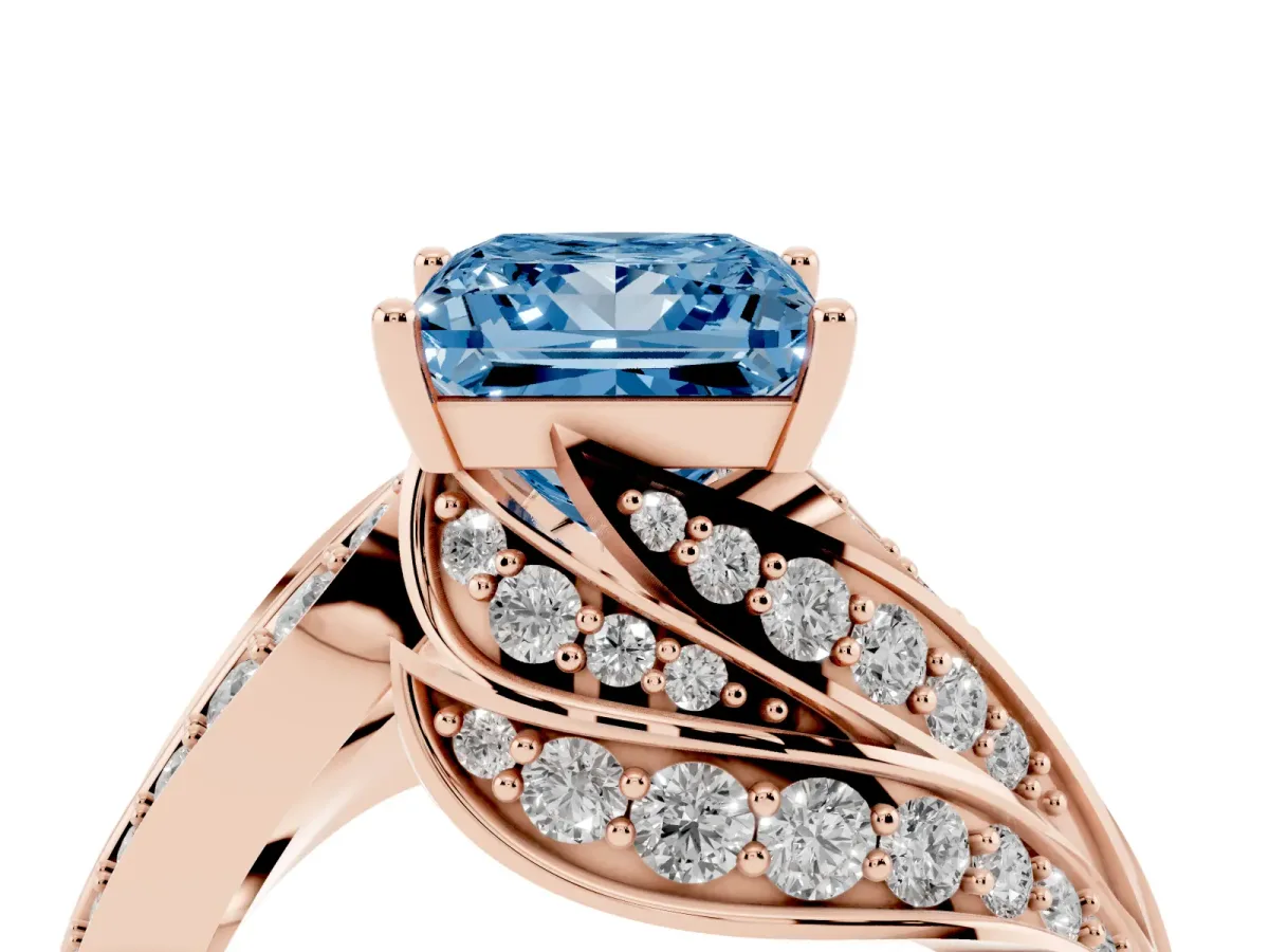 Fancy Blue Princess Cut Diamond Solitaire Ring with Prong Setting and Twisted Pavé Band Rose gold