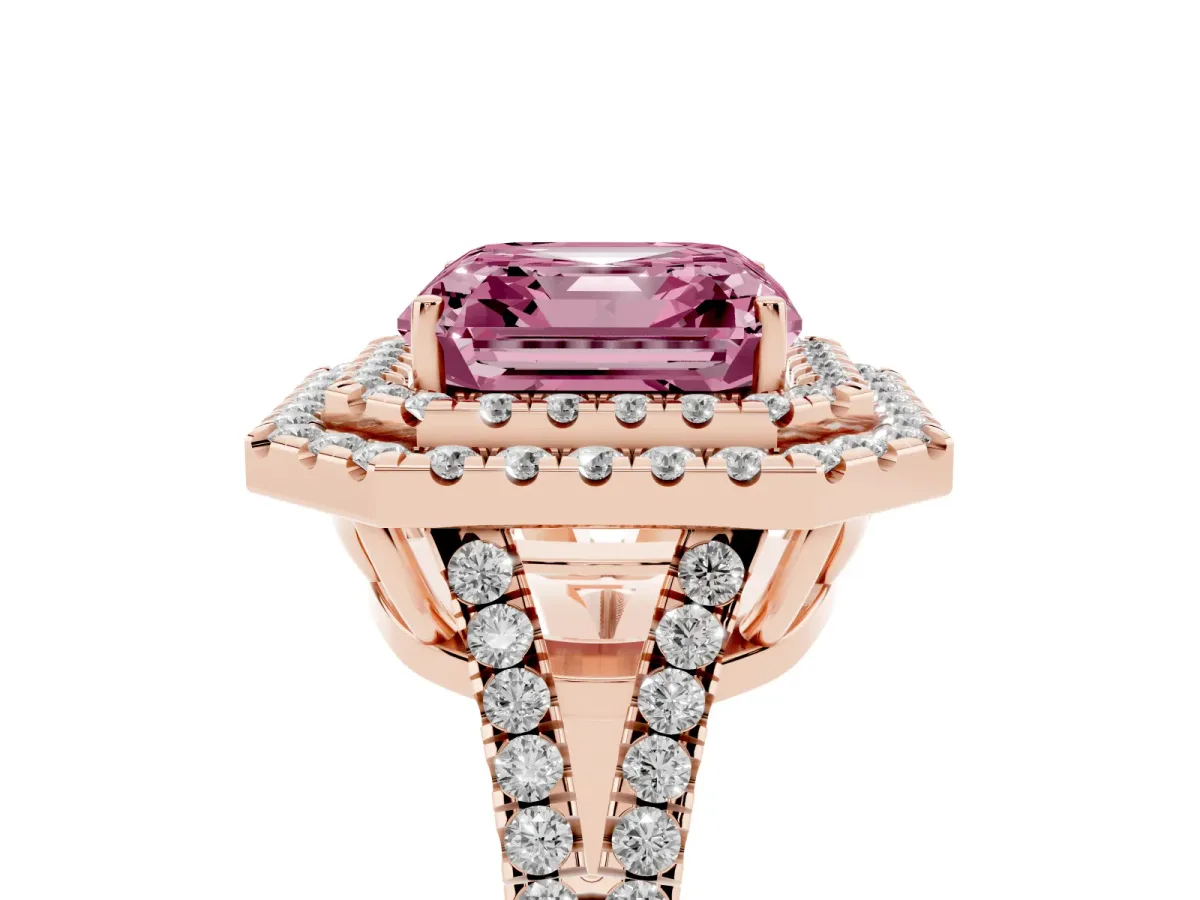 Fancy Pink Asscher Cut Diamond Double Halo Ring with Pavé Band and Prong Setting Rose gold