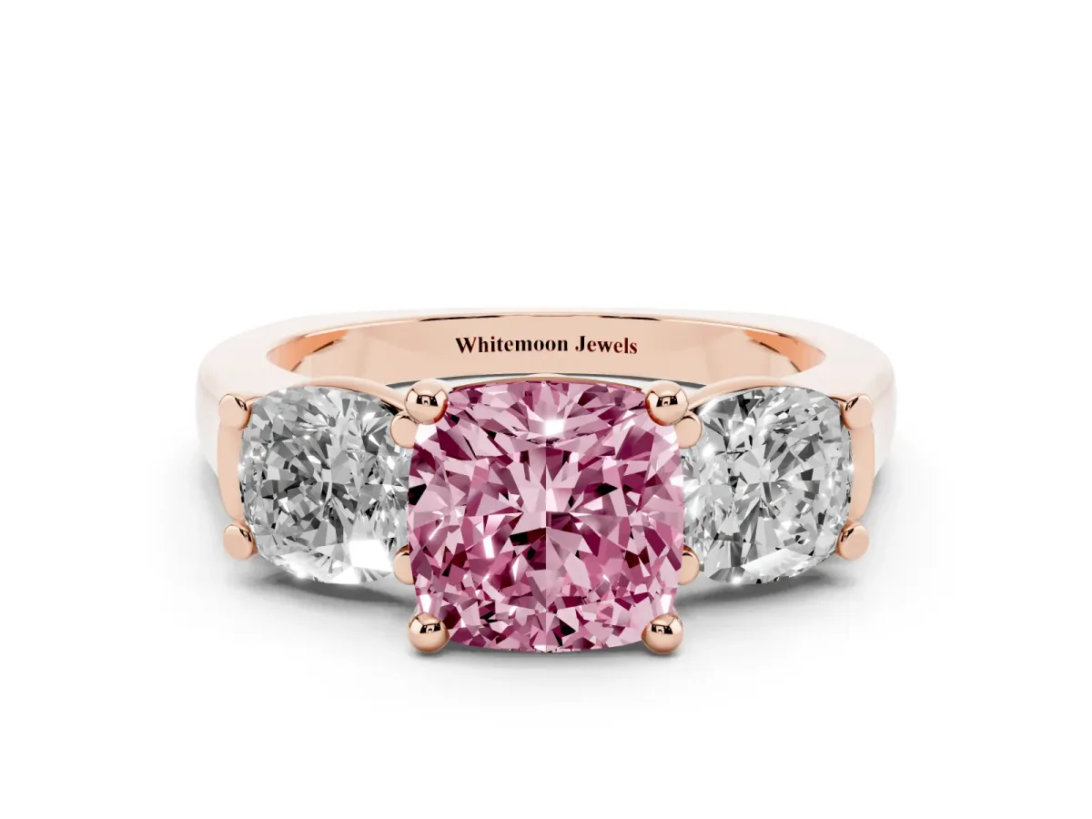 Fancy Pink Three-Stone Cushion Cut Brilliant Diamond Trellis Ring with Comfort Fit Band Rose gold