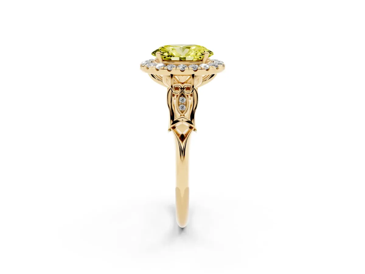 Fancy Yellow Oval Cut Halo Diamond Engagement Ring with Filigree Band and Four-Prong Setting Yellow gold