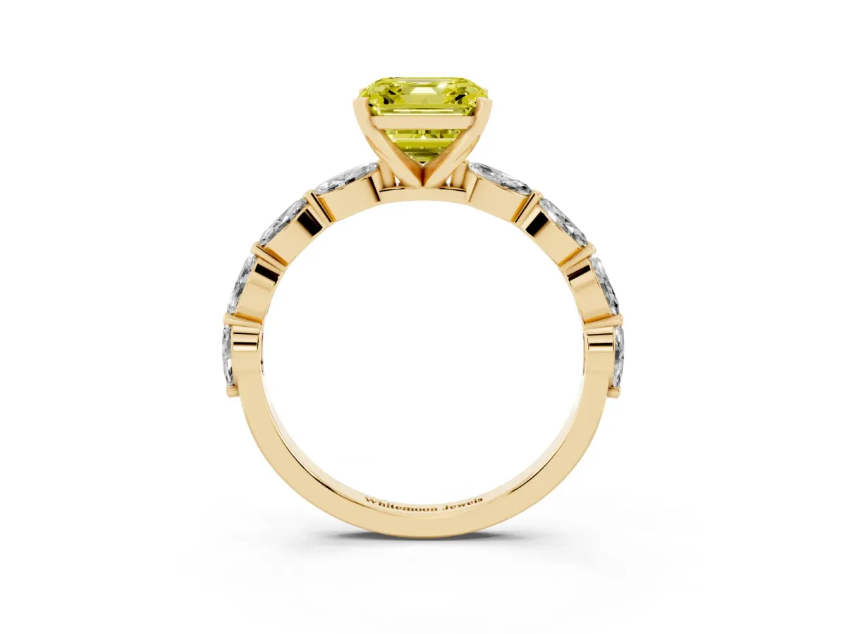 Fancy Yellow Asscher Cut Diamond Ring with Marquise Side Stones and Prong Setting Yellow gold