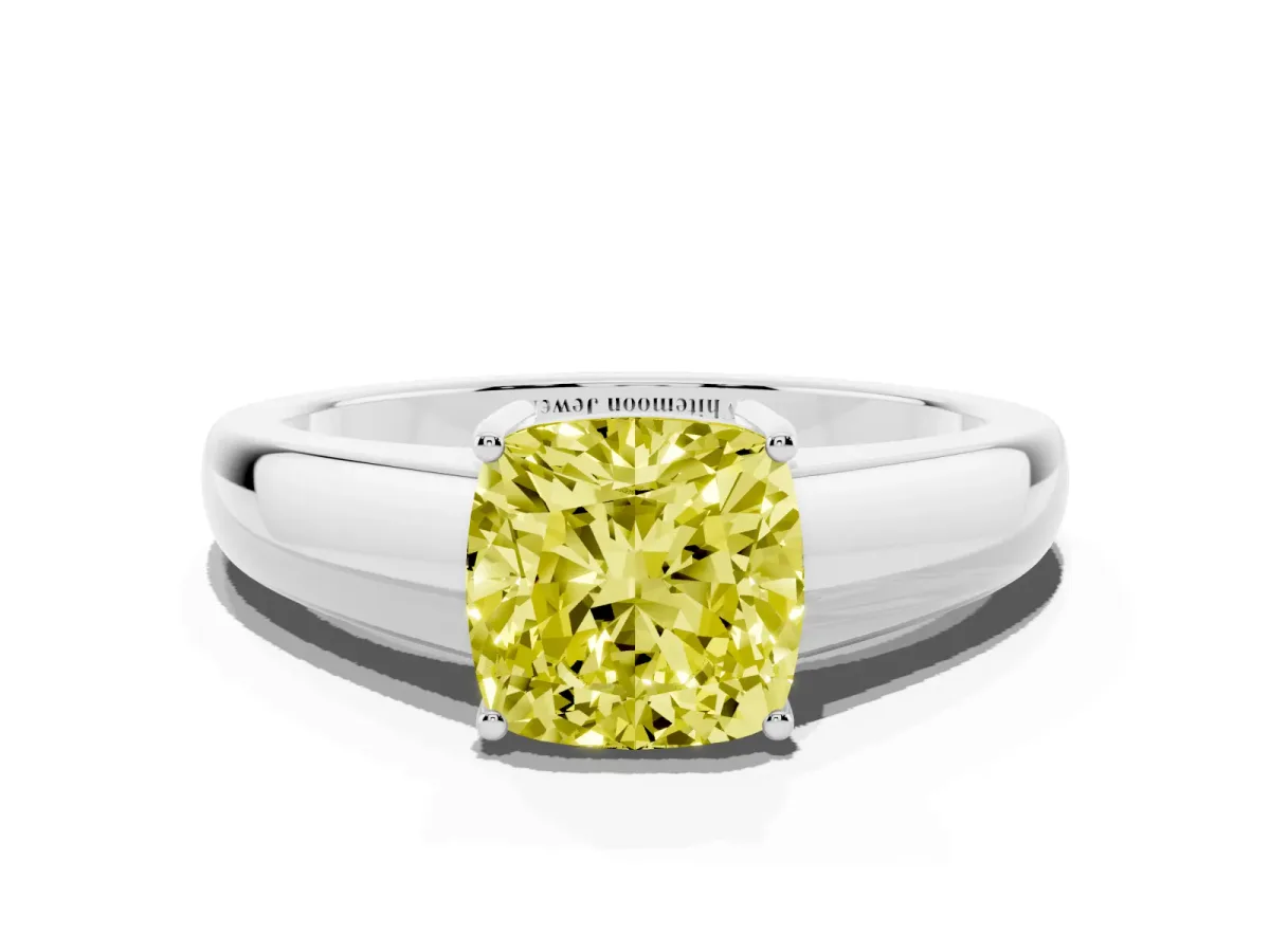 Fancy Yellow Cushion Cut Solitaire Diamond Ring with Tapered Band and Four-Prong Setting Silver