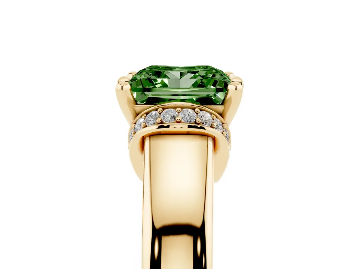 Fancy Green Princess Cut Solitaire Diamond Ring with Pave Band and Six-Prong Setting Yellow gold