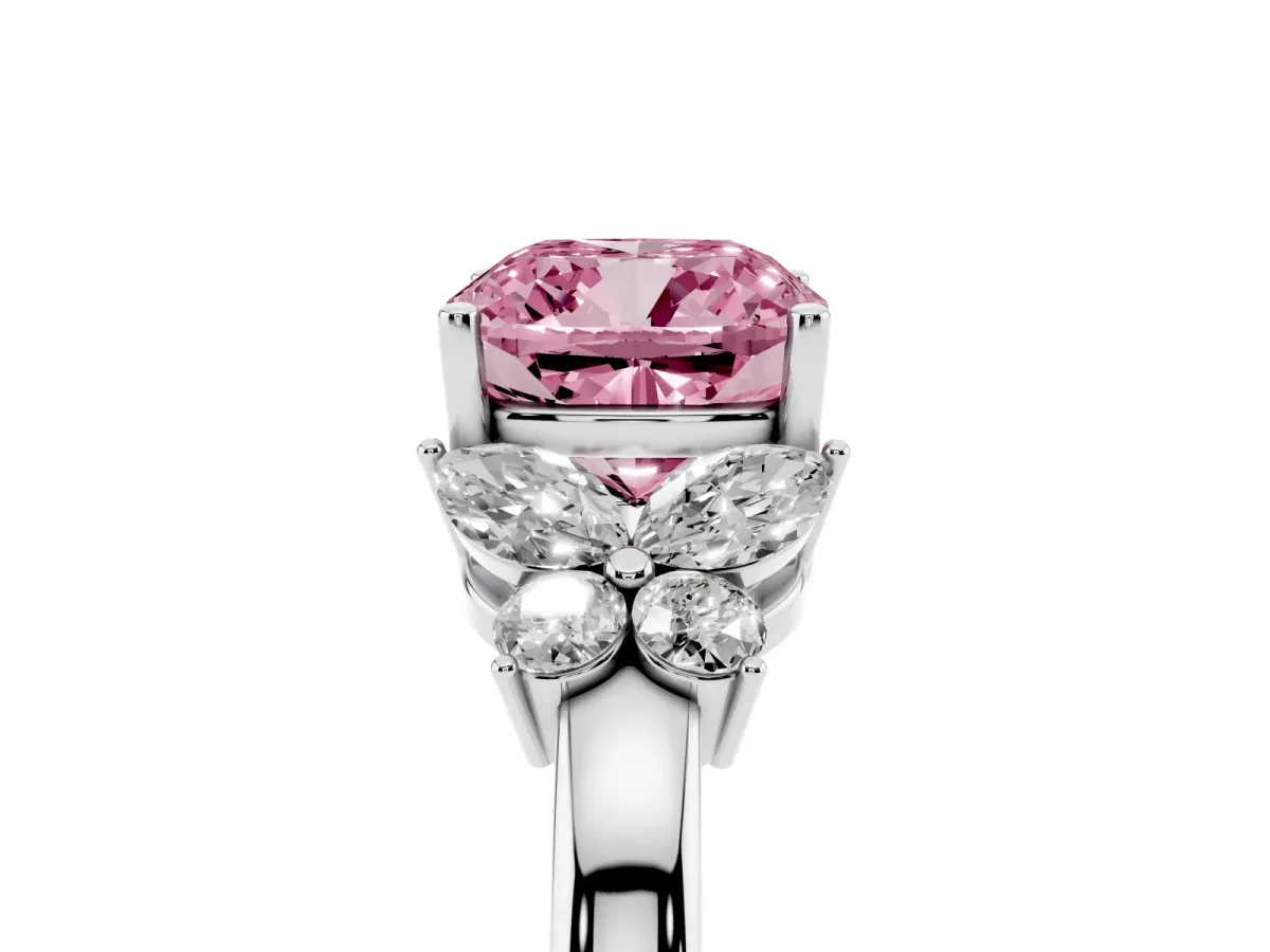 Fancy Pink Cushion Cut Cut Solitaire Floral Diamond Ring with Four-Prong Setting Silver