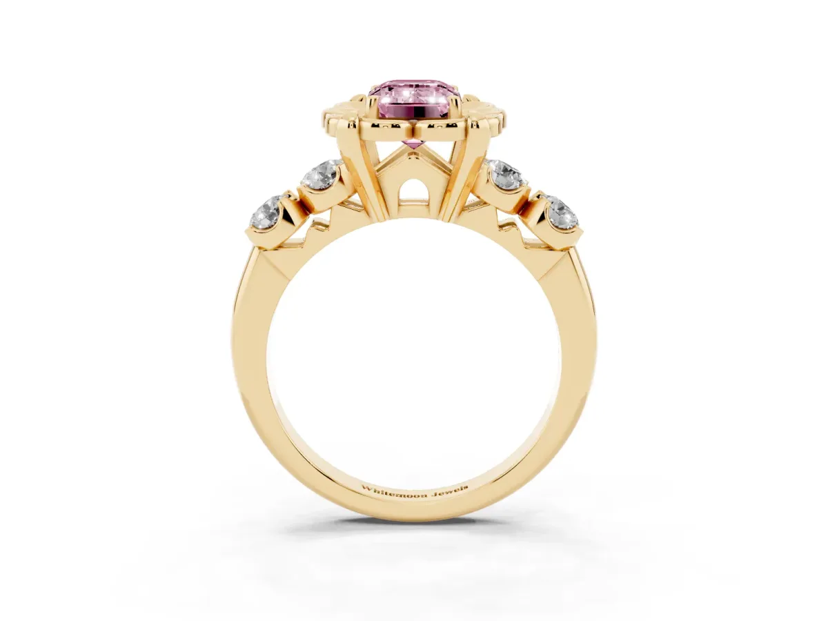 Fancy Pink Emerald Cut Cut Diamond Floral Halo Engagement Ring with Shared Prong Setting Yellow gold