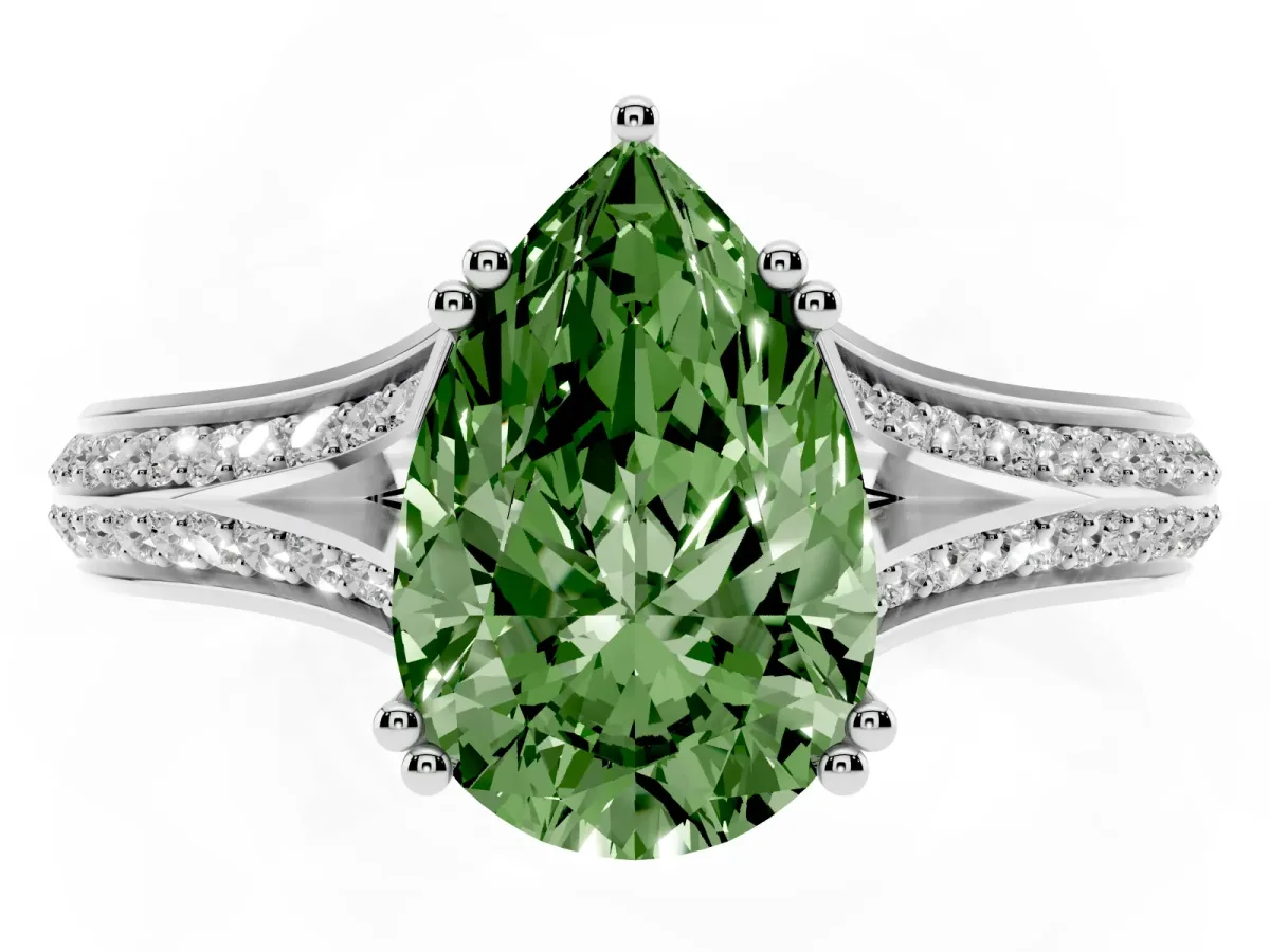 Fancy Green Pear Cut Diamond Split Shank Engagement Ring with Pavé Band Silver